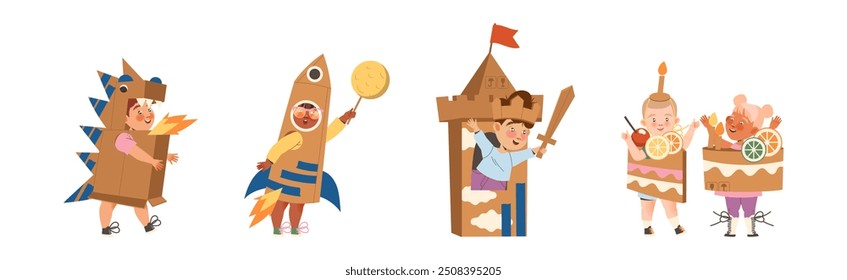 Happy Children in Homemade Cardboard Costume Playing and Having Fun Vector Set