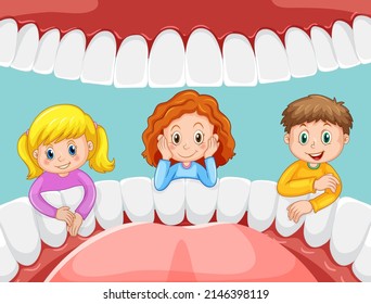 Happy Children With Inside Human Mouth Illustration