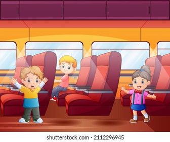 Happy children inside subway transport metro trains