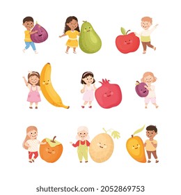 Happy Children Interacting with Big Fruits with Cheerful Vector Set