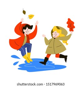 Happy children jump in the puddle under the rain. Autumn weather, girl and boy have fun. Isolated flat vector illustration