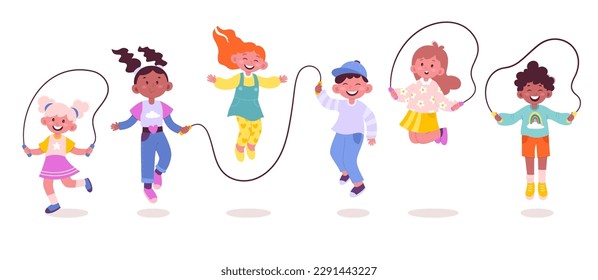 Happy children jump rope flat icons set. Leisure time for boys and girls. Sport and activity. Jumping through cord. Color isolated illustrations