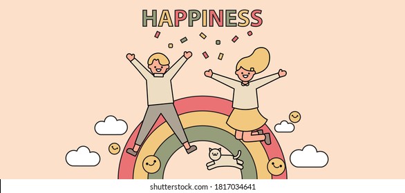 Happy children jumping in the air on Pastel rainbow background. Simple Line Style. Cute Design. Vector Illustration.