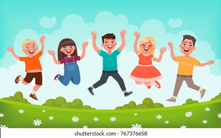 Happy children are jumping. Concept of carefree childhood and joy. Vector illustration in cartoon style