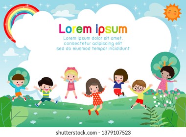 Happy children jumping and dancing on the park, kids activities,  children playing in playground, Template for advertising brochure,your text, flat Funny cartoon character,design Vector Illustration