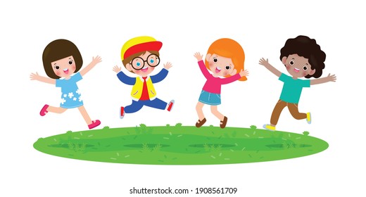 Happy children jumping and dancing on the park, kids activities,  children playing in playground, Template for advertising brochure,your text, flat Funny cartoon character,design Vector Illustration