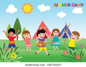 Happy children are jumping and dancing. Ready for your message. blank template character. vector illustration summer camp concept