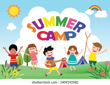 Happy children are jumping and dancing. Ready for your message. blank template character. vector illustration summer camp concept