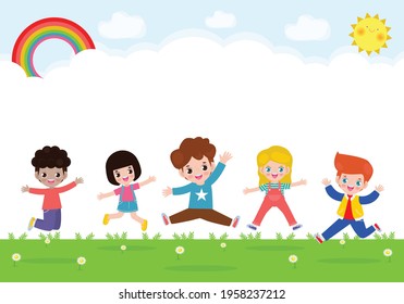 Happy children jumping and dancing together on the park, kids activities, child playing in playground, Template for advertising brochure,your text, flat Funny cartoon isolated vector Illustration