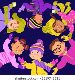 Happy children jumping dressed in winter warm costumes. Group of cute kids in bright clothes. Active rest and joyful pastime. Winter wonderland. Cartoon multiethnic boys and girls. Vector illustration
