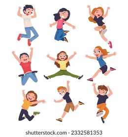 Happy Children Jumping High with Joy and Excitement Feeling Freedom Vector Set