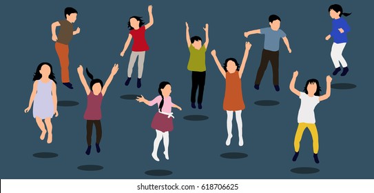 happy children jumping, icons, concept of childhood, friendship, flat style, isometric people