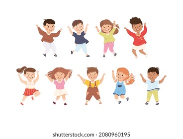 Happy Children Jumping with Joy and Hands Up Cheering and Having Fun Vector Set