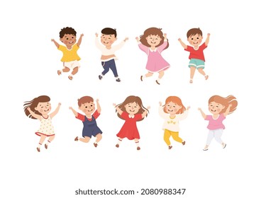 Happy Children Jumping with Joy and Handup Cheering and Have Fun Vector Set