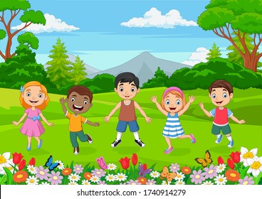 Happy Children Jumping Jungle Background Stock Vector (Royalty Free ...