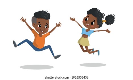 Happy children jumping and laughing. African american school age children illustration. Best for posters, banners, invitations. Vector drawing isolated on white.