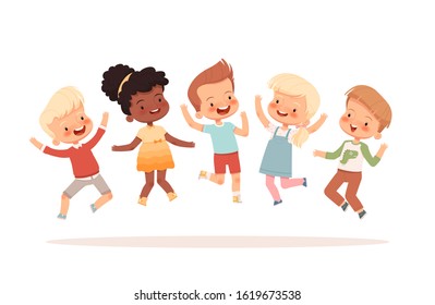 Happy children are jumping, laughing and having fun. Isolated on a white background.