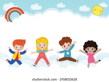 Happy children jumping on the cloud and rainbow background poster with happy kids jump greeting card isolated vector illustration