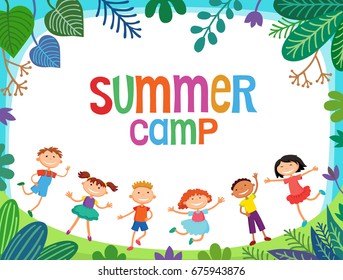 happy children are jumping on the glade, banner cartoon funny vector, illustration Summer poster child kid template people play young baby. 