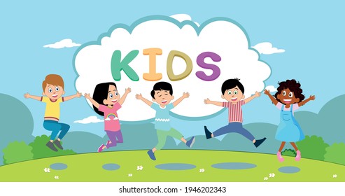 Happy children jumping on summer meadow flat vector illustration. Cartoon boys and girls playing in park at daytime. Kindergarten and childhood concept