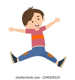 Happy children jumping on summer meadow flat vector illustration. Cartoon boys and girls playing in park at daytime. Kindergarten and childhood