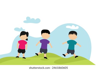 Happy children jumping on summer meadow for children day