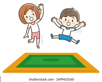 Happy children jumping on the trampoline. Cute boy and girl having fun jumping on the trampoline. Entertainment. Vector images in cartoon style.