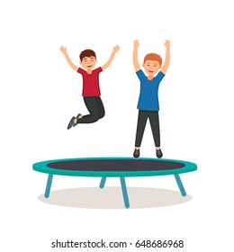 Happy children jumping on the trampoline. Cute boys having fun jumping on the trampoline. Entertainment. Vector images in cartoon style.