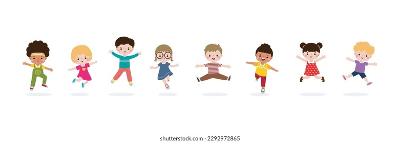 Happy children jumping in outdoors Concept, little kids activities, children playing in playground flat Funny cartoon isolated on white background vector Illustration