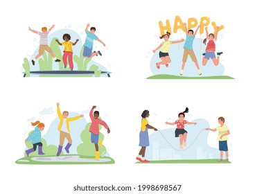 Happy children jumping, playing, waving, raising hands. Different pre teen or teenage energetic kids in motion. Active classmates or schoolchildren having fun. Set of flat cartoon vector illustrations