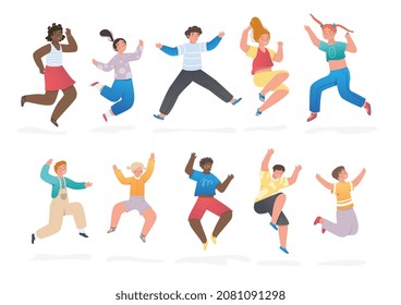 Happy children jumping with raised hands. Set of smiling characters having fun and rejoicing. Active teenagers in stylish clothes. Cartoon flat vector collection isolated on white background