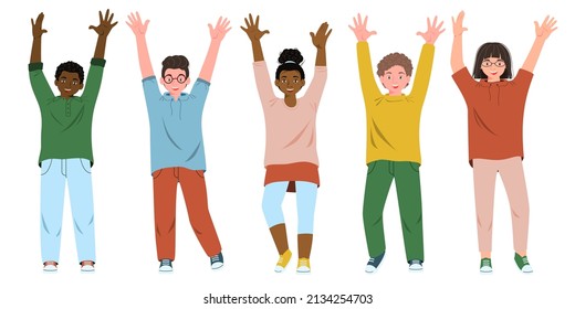 Happy children jumping with raised hands. Different pre teen or teenage energetic kids in motion. Active classmates or schoolchildren having fun. Flat vector cartoon illustration isolated on white