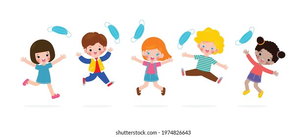 Happy Children jumping remove medical mask with Vaccine against COVID-19 or coronavirus, cute Kids mask group, the end of coronavirus 2019-nCoV Concept isolated on white background vector illustration