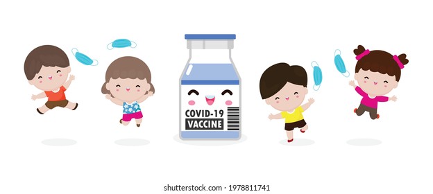 Happy Children jumping remove medical mask with Vaccine against COVID-19 or coronavirus 2019-nCoV, cute Kids mask group, the end of covid19 Concept isolated on white background vector illustration