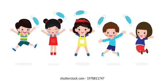 Happy Children Jumping Remove Medical Mask With Vaccine Against COVID-19 Or Coronavirus 2019-nCoV, Cute Kids Mask Group, The End Of Covid19 Concept Isolated On White Background Vector Illustration