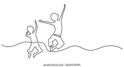 Happy Children Jumping Silhouette Continuous One Line Drawing. Kids Players Abstract Minimal Line Art Drawing, Single one sketch line childhood vector illustration editable stroke, Celebration Joy pro