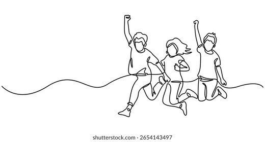 Happy Children Jumping Silhouette Continuous One Line Drawing. Kids Players Abstract Minimal Line Art Drawing, Single one sketch line childhood vector illustration editable stroke, Celebration Joy pro