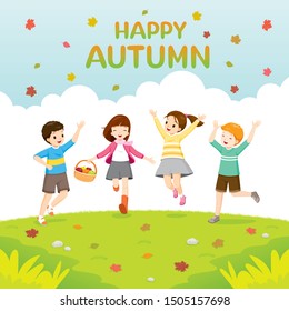 Happy Children Jumping Together In Autumn Season, Nature, Season, Weather, Symbol, Kids, Activity 