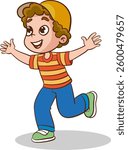 Happy children jumping vector illustration. Cartoon isolated active child running, sport exercises in summer park, healthy walk with jumps of funny excited small school kid in jeans and sneakers
