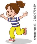 Happy children jumping vector illustration. Cartoon isolated active child running, sport exercises in summer park, healthy walk with jumps of funny excited small school kid in jeans and sneakers