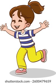 Happy children jumping vector illustration. Cartoon isolated active child running, sport exercises in summer park, healthy walk with jumps of funny excited small school kid in jeans and sneakers