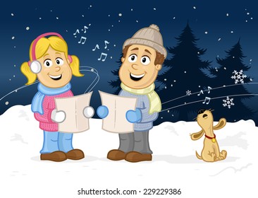 Happy children - kids, boy and girl singing Christmas carol with cute puppy outside in the winter vector cartoon illustration