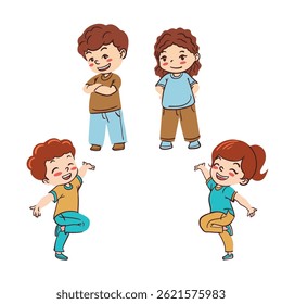 Happy children and kids with different playful poses smiling joyfully cute cartoon vector illustration