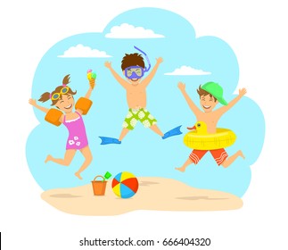 Happy children, kids jumping for joy on the beach