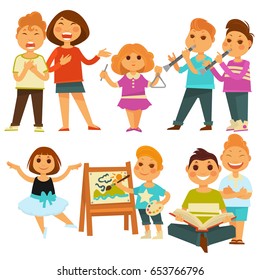 Happy children kindergarten playing activity vector flat icons set