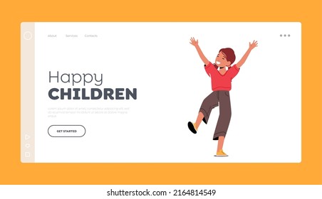 Happy Children Landing Page Template. Little Girl Jump with Raised Arms, Kid Emotion of Happiness and Joy, Positive Facial Expression. Child Character Express Fun Feelings. Cartoon Vector Illustration