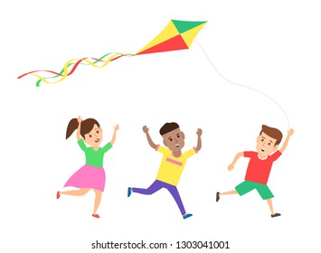 happy children launch a kite