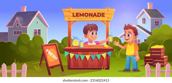 Glückliche Kinder am Limonade Stand im Sommerhof. Vektorgrafik-Illustration von Jungen, die kühle Zitrusgetränke an heißen Sonnentagen im ländlichen Raum verkaufen und kaufen. Nachbarhäuser, grüner Hintergrund, blauer Himmel