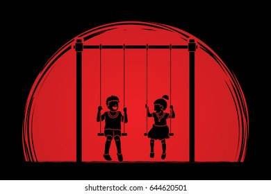 Happy Children, Little boy and girl are playing swing together designed on sunlight background graphic vector