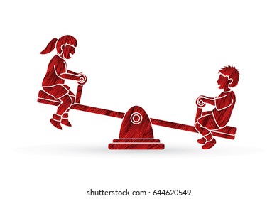 Happy Children, Little boy and girl are playing seesaw together designed using red grunge brush graphic vector